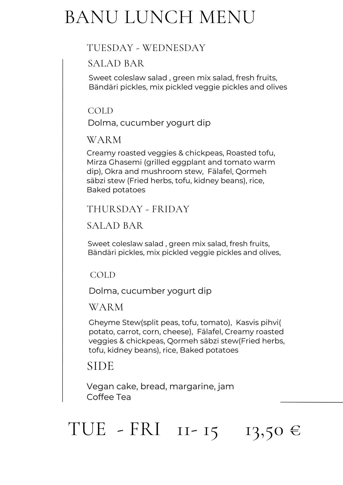 Daily lunch menu, lounasbuffet, Banu Cafe, Helsinki, Kasvis